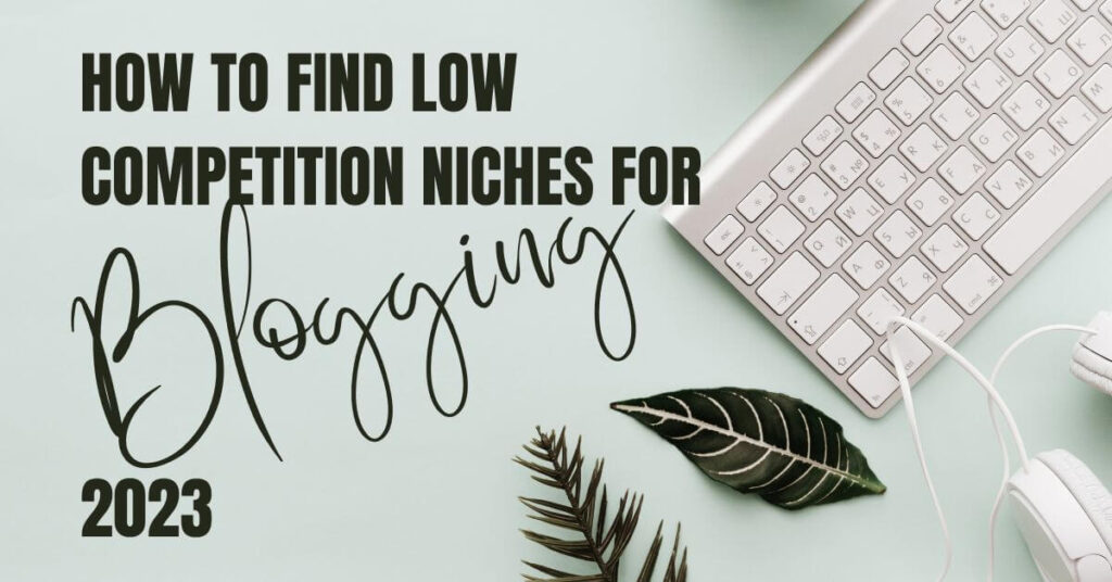 header image of a desktop keyboard and a green leaf with text saying "How To Find Low Competition Niches For Blogging 2023"