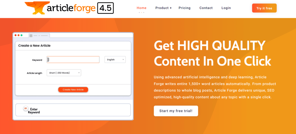 image of article forge welcome page on an orange background