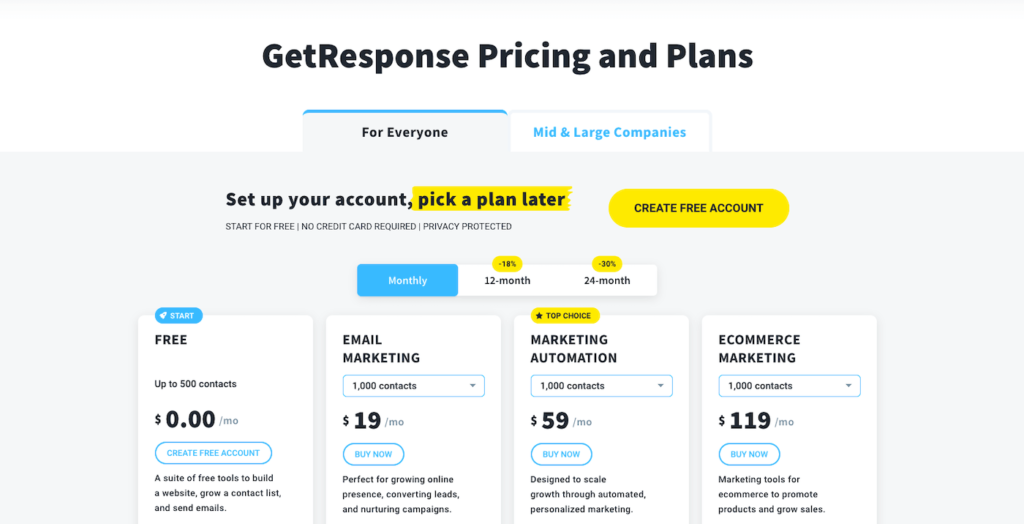 getresponse monthly pricing plan image