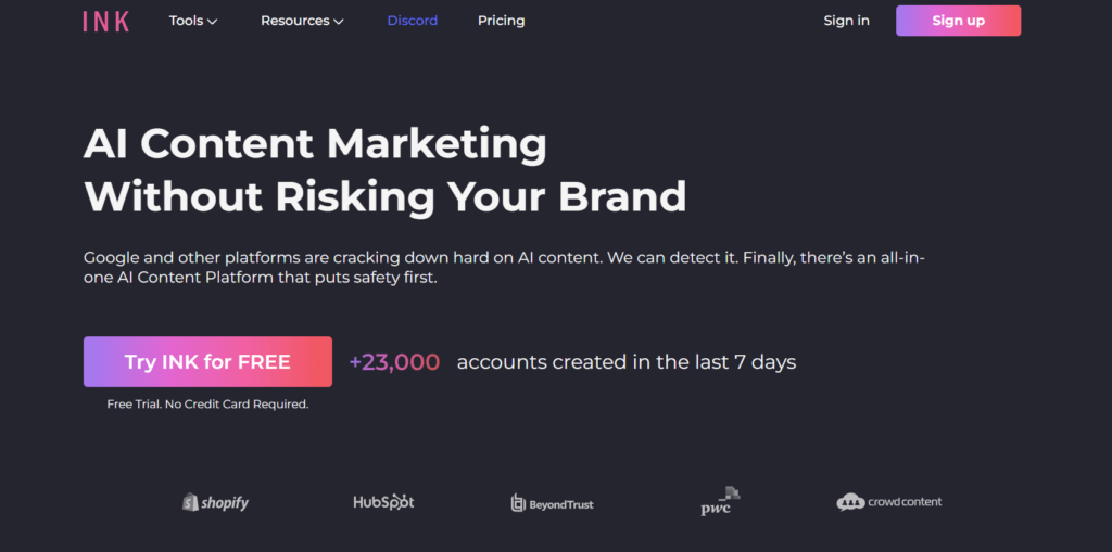 inkforall.com login page image on a black background and text saying AI content marketing without risking your brand