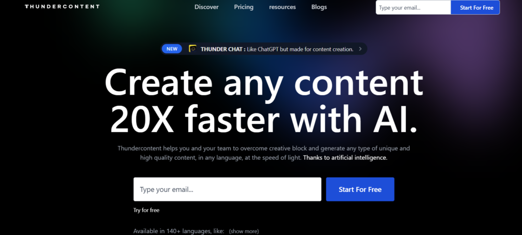 image of the welcome page for thundercontent with text saying create any content 20X faster with AI on a black background