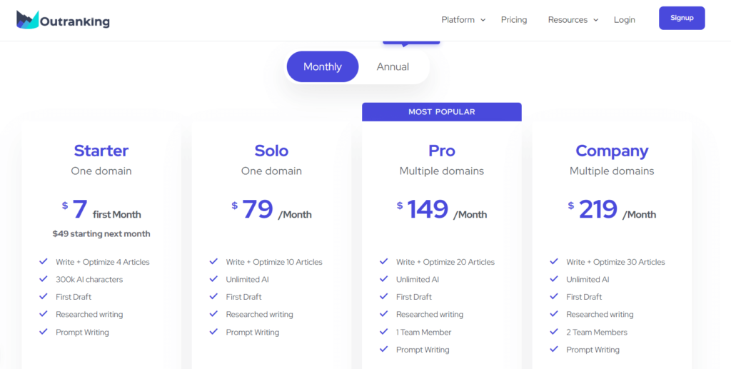 Outranking io monthly pricing plans image