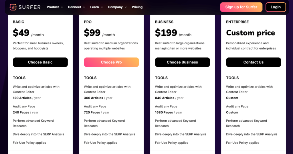 surferseo pricing page image