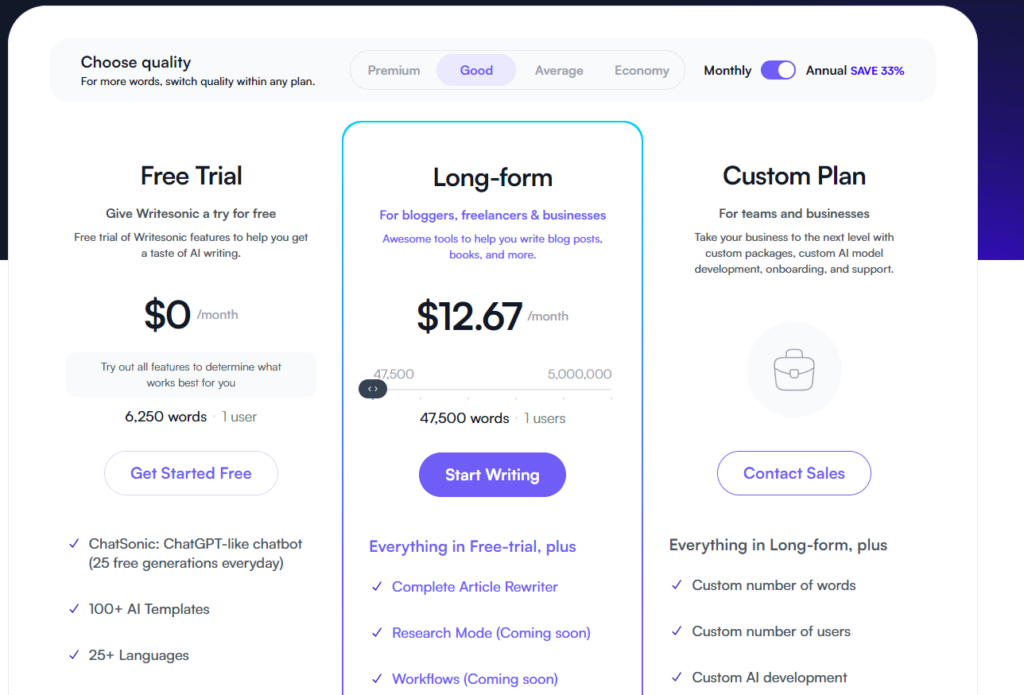 image of the pricing plans for writesonic. It comparing the pricing between jasper vs writesonic
