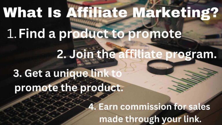 image of a laptop on a desk with text saying " what is affiliate marketing Find a product to promote. Join the affiliate program. Get a unique link to promote the product. Earn commission for sales made through your link.