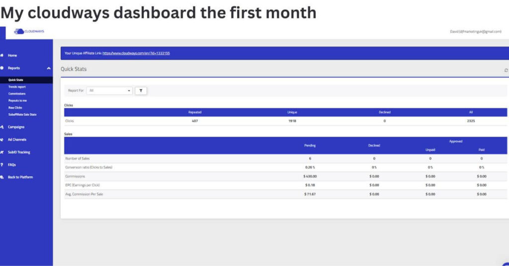 image of the cloudways affiliate program affiliate's dashboard