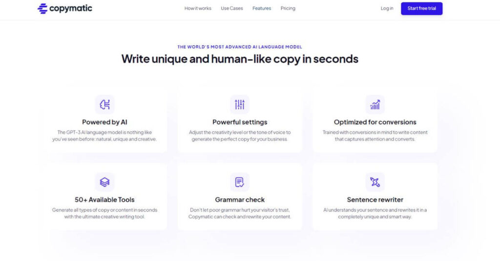 an image of copymatic features and text saying write unique and human-like copy in seconds