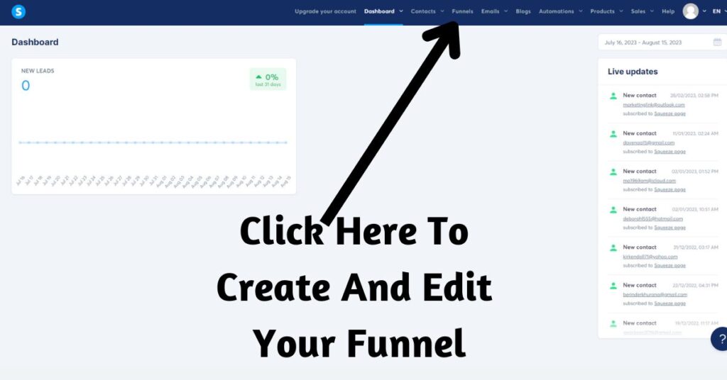 image of the systeme io dashboard and an arrow pointing to funnels. text overlay saying click here to create and edit your funnel