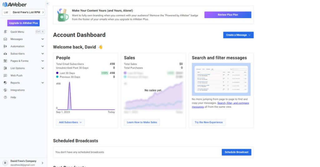 an image of the main dashboard for aweber account