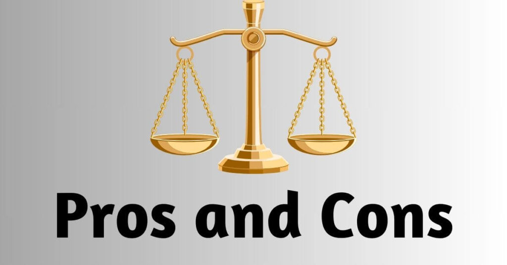 an image of a set of gold scales and text underneath saying pros and cons